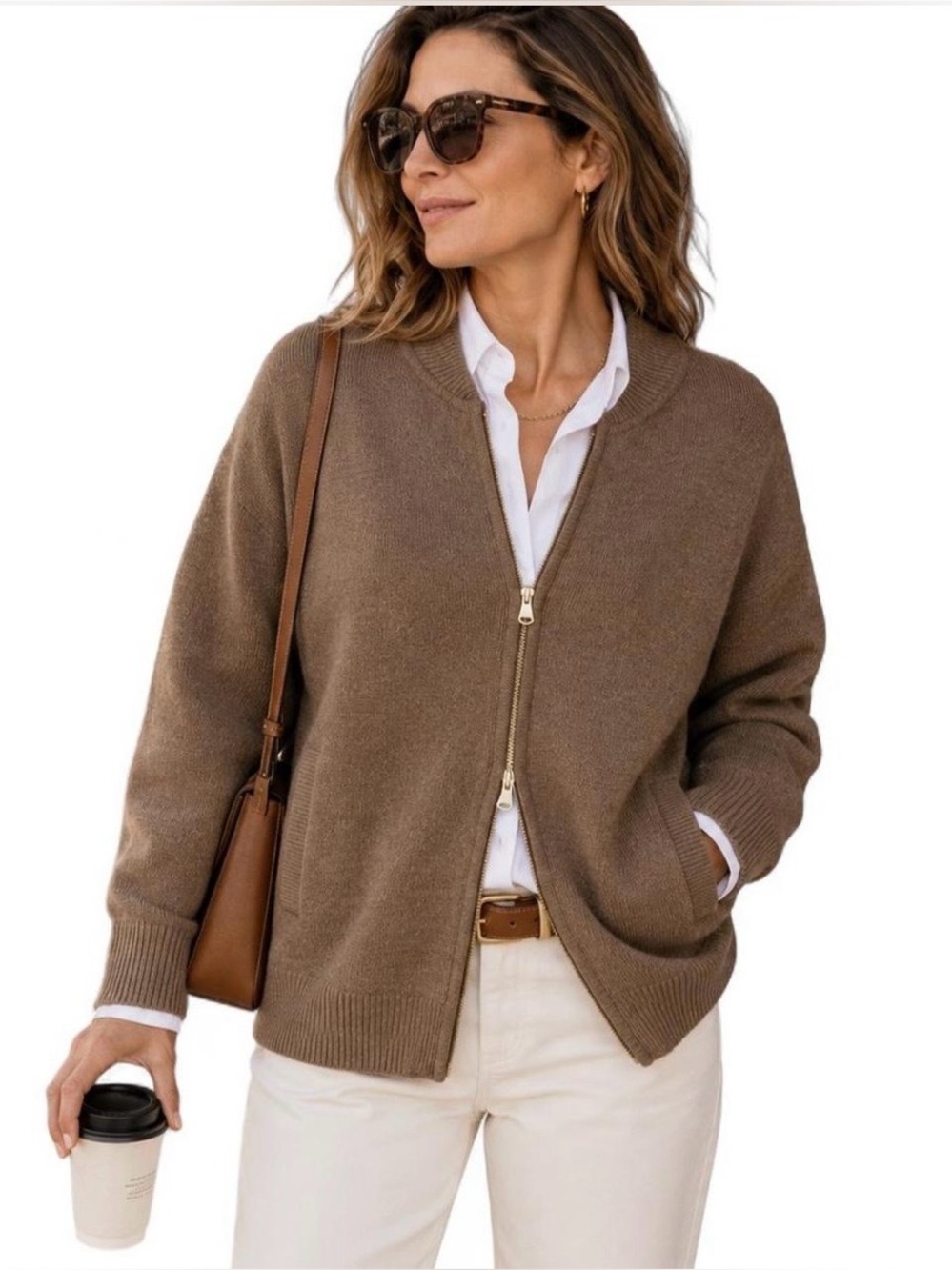 NEW J.Crew Full-Zip Flight Sweater Jacket Oversized Womens S Wool Blend Brown
